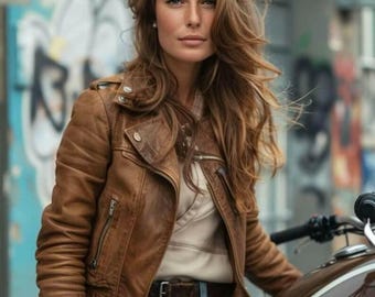 Puede incluir: Chaqueta de cuero marrón para moto con cierre de cremallera y múltiples bolsillos. La chaqueta se lleva sobre una camisa de color claro y combinada con vaqueros azules. La persona está sentada en una moto.