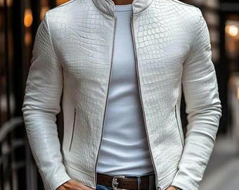 Blouson homme blanc fait main en cuir embossé crocodile, coupe slim, veste motard style moto
