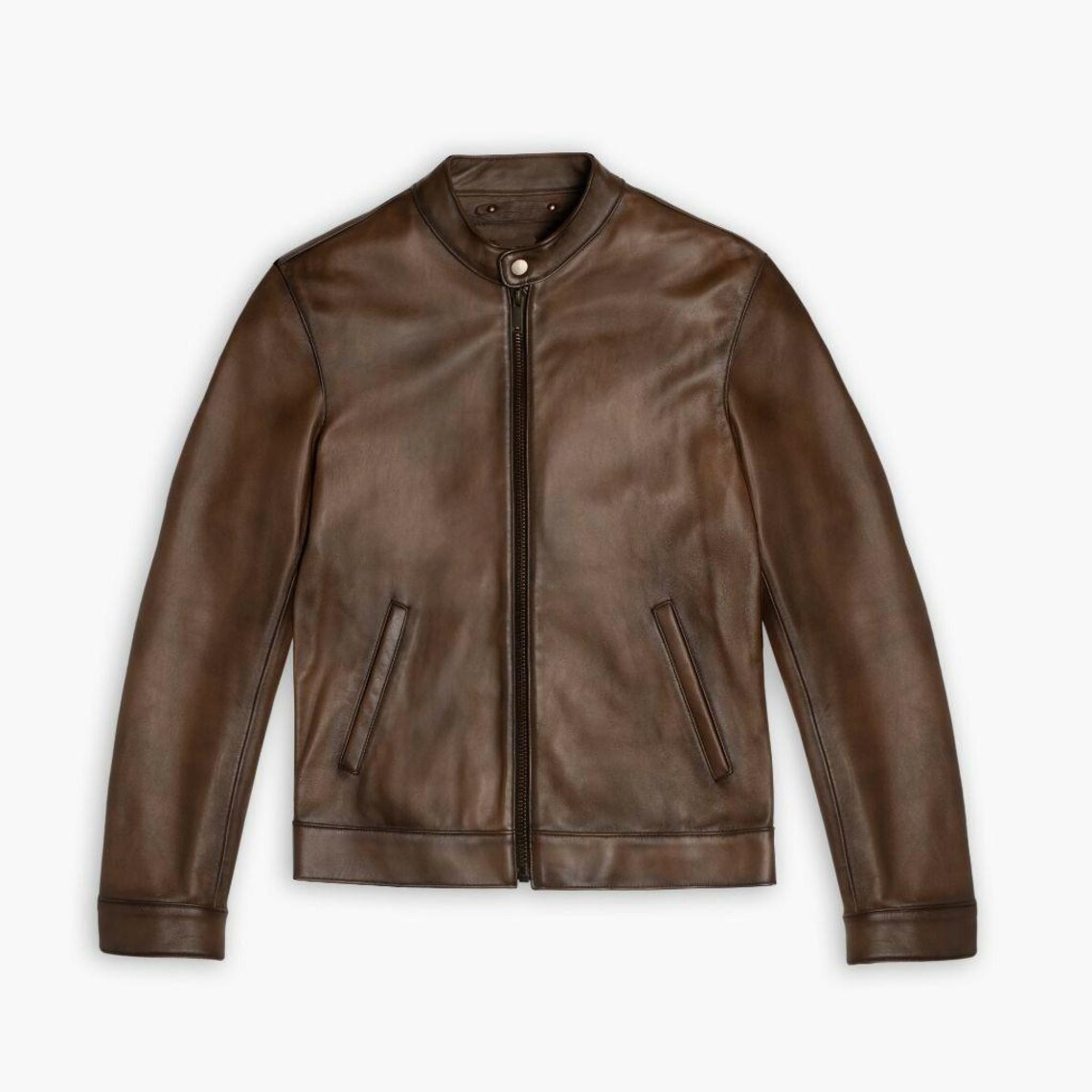 Men's Brown Leather Cafe Racer Jacket: Handmade Genuine Leather ...
