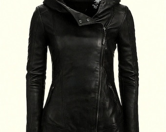 Chaqueta de piel de oveja auténtica negra con capucha para mujer