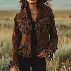 May include: Brown suede jacket with fringe detailing on the chest, sleeves, and hem. The jacket has a button-up front and two zippered pockets. The model is wearing a black top and black pants. The background is a field of tall grass.