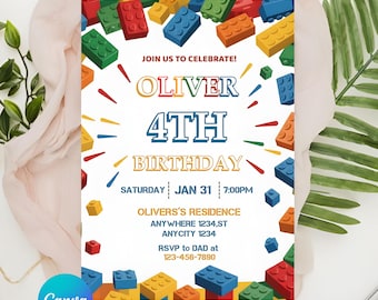 編集可能なビルディングブロックの誕生日招待状 | 建設テーマのパーティー招待状 | ブロックの誕生日招待状テンプレート