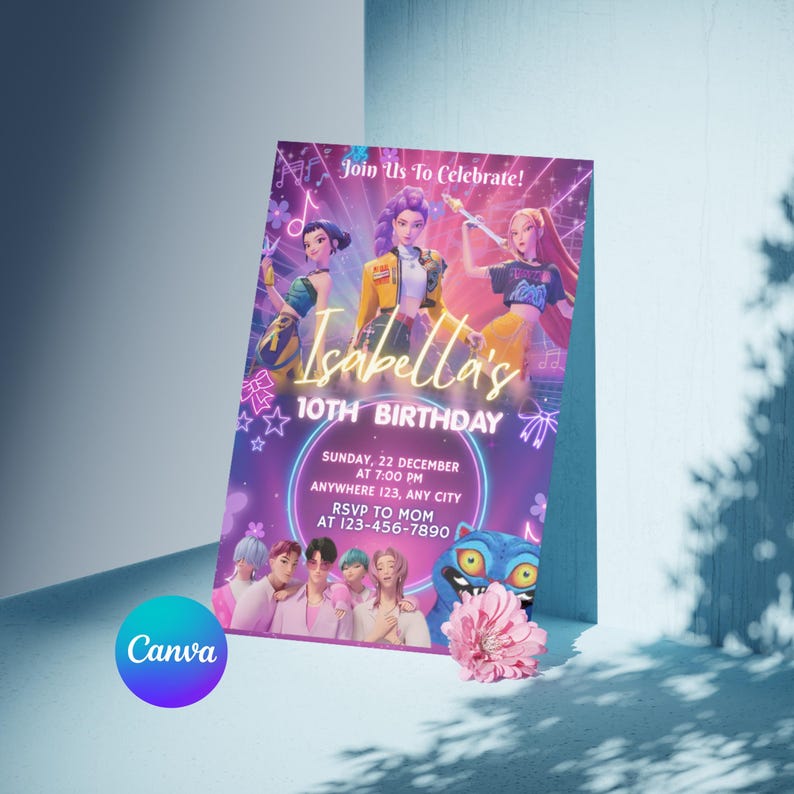 May include: A vibrant birthday invitation with a purple and blue gradient background. The invitation features animated characters and the text "Join Us To Celebrate!" and "Isabella's 10th Birthday". Additional details include the date, time, and RSVP information.