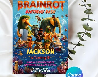 イタリアンブレインロットの誕生日招待状、デジタル招待状、誕生日招待状、Canvaテンプレート招待状、編集可能、デジタルダウンロード