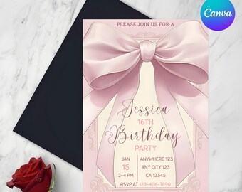 ピンクのリボンとコケットリボンの誕生日招待状、13歳の女の子の誕生日招待状、ティーンの誕生日招待状、コケットリボン、Canvaテンプレート、デジタルダウンロード