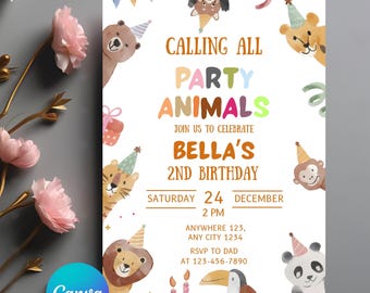 パーティーアニマル招待状、パーティーアニマルキッズ誕生日招待状、誕生日帽子をかぶったかわいい動物たち、Canvaで編集可能