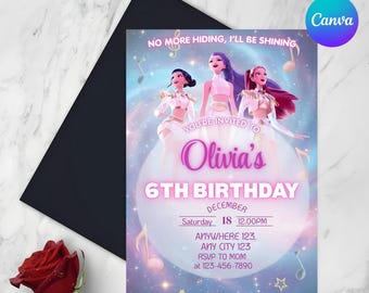 May include: A birthday invitation featuring three animated figures in white outfits against a starry background. The invitation reads "Olivia's 6th Birthday" with event details. A black envelope and a red rose are also visible.