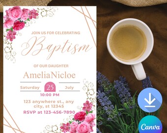 Boho Pink Floral Bow Baptism Invitation, Canva Card, Elegant Christening Invitation Card, Canva Editable Baptism Digital Invite Pink Rose