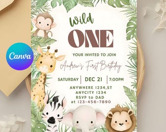 Safari Erster Geburtstag Evite, Wild One Geburtstag, 1. Geburtstag Digitale Einladung, Dschungel Erster Geburtstag Evite, Dschungeltiere Party Canva