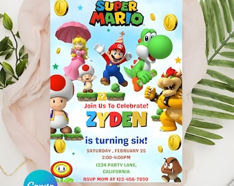 編集可能なスーパーマリオ誕生日招待状：5x7インチの印刷可能（Canvaテンプレート）
