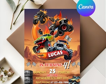 モンスタートラックの誕生日招待状、男の子向けの編集可能なモンスタートラックの誕生日招待状テンプレート、トラックの誕生日招待状