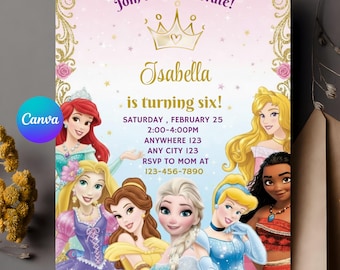 プリンセスの誕生日招待状 プリンセスの招待状 プリンセスのパーティー招待状 女の子のプリンセスの招待状 ゴールドピンク インスタント編集可能 デジタル