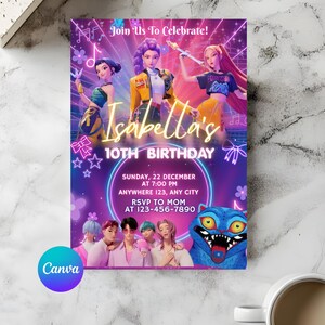 May include: A vibrant birthday invitation with a purple and blue background. The invitation features animated characters and the text "Isabella's 10th Birthday." Additional text includes the date, time, location, and RSVP information. The Canva logo is in the bottom left corner.