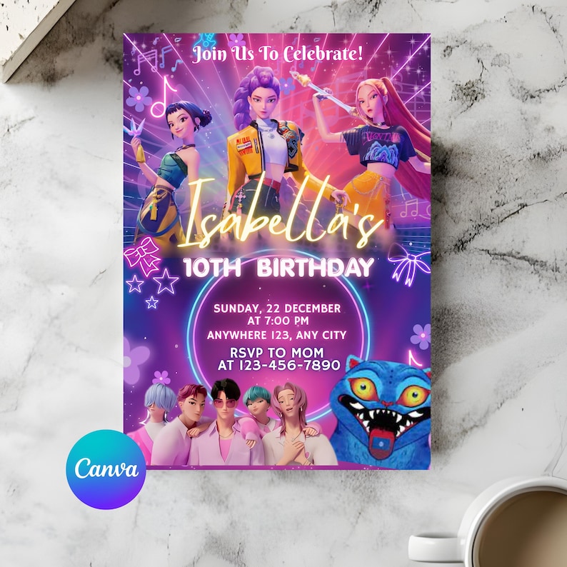 May include: A vibrant birthday invitation with a purple and blue background. The invitation features animated characters and the text "Isabella's 10th Birthday." Additional text includes the date, time, location, and RSVP information. The Canva logo is in the bottom left corner.