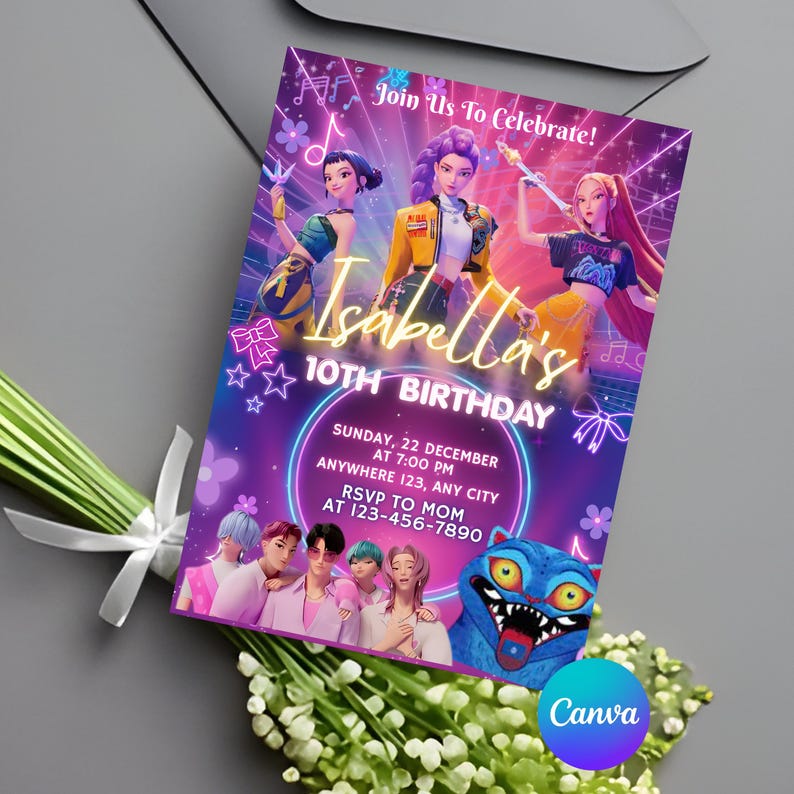 May include: A birthday invitation with a vibrant design featuring animated characters and the text "Isabella's 10th Birthday." The invitation includes event details and a "Canva" logo.