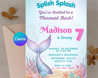 編集可能な4人の誕生日招待状 マーメイドテール 4人の女の子の夏の4歳の誕生日シェラブレーション招待状 パステルパープルテーマ デジタルCanva