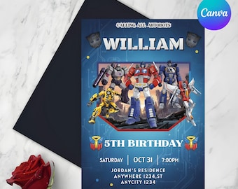 印刷可能なレスキューボット誕生日招待状、オプティマスプライム招待状、オートボットパーティー招待状、バンブルビー招待状、トランスフォーマーパーティー招待状