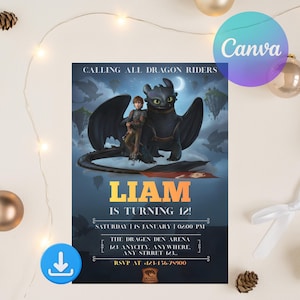 以下が含まれることがあります： ドラゴンと男の子が描かれたパーティーの招待状。「Calling All Dragon Riders」と「Liam is turning 12!」と書かれています。デザインにはドラゴン、男の子、「The Dragen Den Arena」の文字が含まれています。