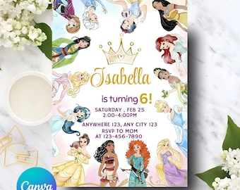 フォーエバー・ア・プリンセスの誕生日招待状 フォーエバー・ア・プリンセスの招待状 4歳の誕生日招待状 プリンセスパーティー ロイヤルテーマ 水彩画 編集可能