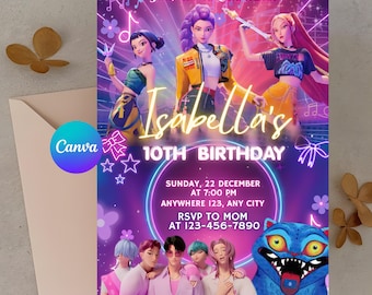 編集可能な誕生日招待状｜アニメテーマパーティー｜アニメ招待状｜誕生日パーティー｜子供の誕生日招待状｜Canvaテンプレート｜Kポップ誕生日招待状