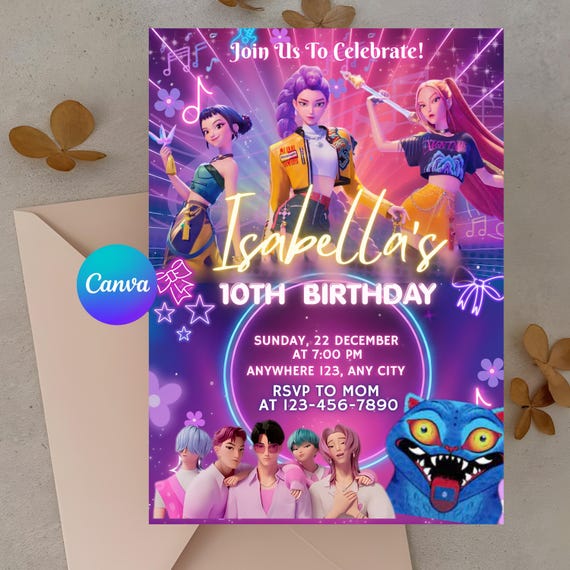 Editable Birthday Invitation| Anime Theme party| Anime Invite| Birthday Party| Kids Birthday Invite| Canva Template| Kpop Birthday Invite