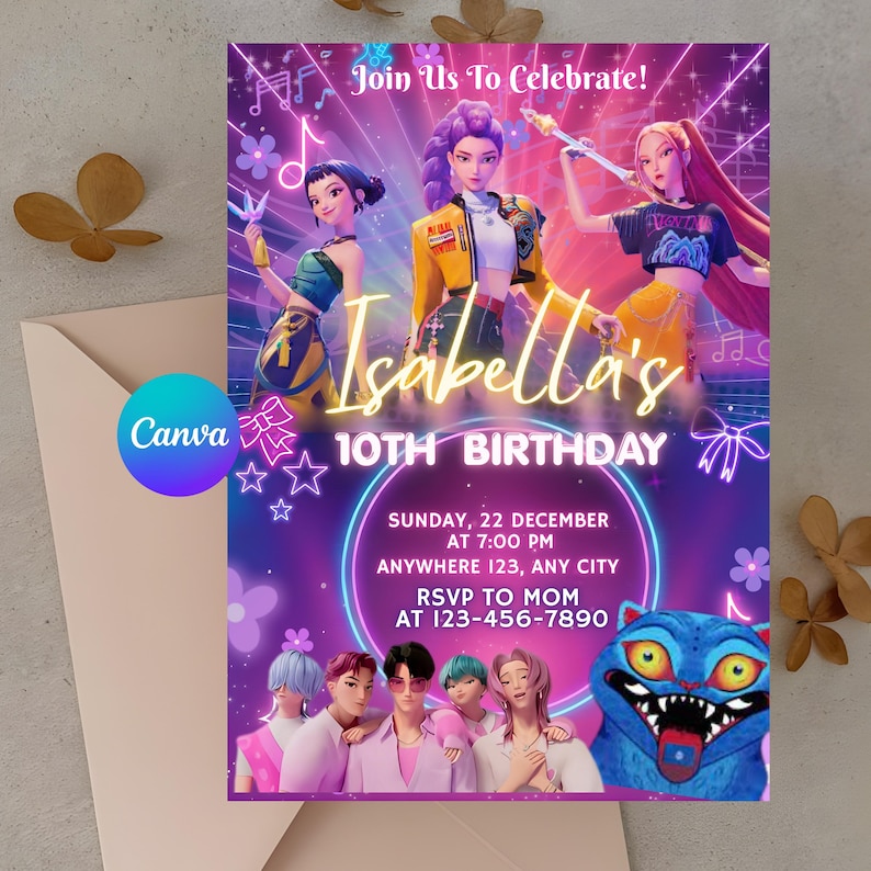 May include: A digital birthday invitation with a vibrant design. The invitation features animated characters and the text "Isabella's 10th Birthday." Additional text includes the date, time, location, and RSVP information. The Canva logo is visible.