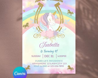 編集可能なユニコーンの誕生日招待状。魔法のパステルレインボーユニコーンの誕生日招待状。気まぐれなおとぎ話のユニコーンプリンセスCanvaテンプレート。