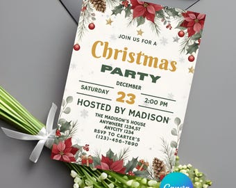 編集可能な赤いリボンのホリデーギャザリング招待状 | Red Ribbon Company、華やかなオフィスパーティー、ワークパーティー、Friendsmasの印刷可能なホリデー招待状