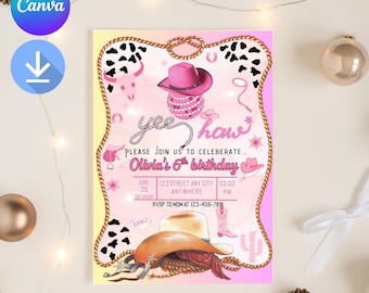 初めてのロデオ誕生日招待状、編集可能な私の初めてのロデオガールカウガール招待状、初めてのロデオ招待状、5x7 Canva