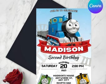 きかんしゃトーマスの誕生日招待状：電車パーティー、編集可能なCanvaテンプレート（デジタルダウンロード）
