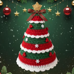 Puede incluir: Un árbol de Navidad de ganchillo hecho a mano en rojo, verde y blanco. El árbol está decorado con copos de nieve blancos y adornos rojos en forma de bayas. Una estrella dorada y un lazo a rayas verdes y rojas adornan la parte superior. El árbol mide unos 30 cm de altura.