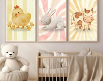 農場の保育園の装飾用印刷セット、農場の動物のウォールアート、農場の保育園のプリント、農場の動物の保育園のアート、赤ちゃんの部屋の装飾のデジタルダウンロード