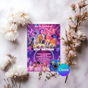 May include: A birthday invitation with a purple and pink theme. The invitation features three animated figures, musical notes, and the text "Isabella's 10th Birthday." Additional text includes the date, time, location, and RSVP information. The Canva logo is visible.