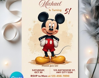 編集可能なミッキーマウスの誕生日招待状、印刷可能な招待状ミッキー、ミッキーの1歳の誕生日招待状、誕生日の男の子