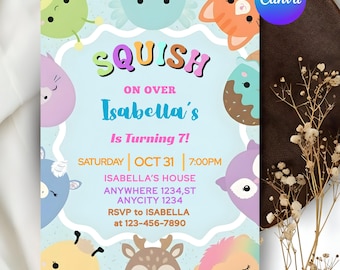 スクイッシュマロの誕生日招待状テンプレート：編集可能な女の子向けパーティー招待状（デジタルダウンロード）