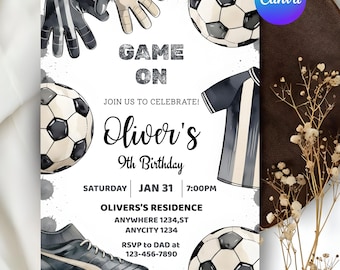 編集可能なサッカー誕生日招待状テンプレート、フットボール招待状、キッズサッカー招待状、Canvaですぐにダウンロード。さあ、サッカーを楽しもう！
