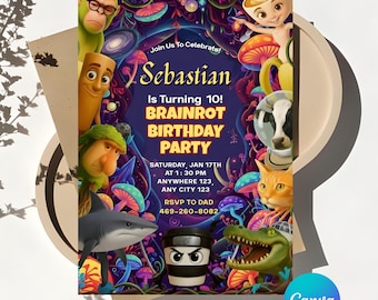 イタリアンブレインロットの誕生日招待状、デジタル招待状、誕生日招待状、Canvaテンプレート招待状、編集可能、デジタルダウンロード