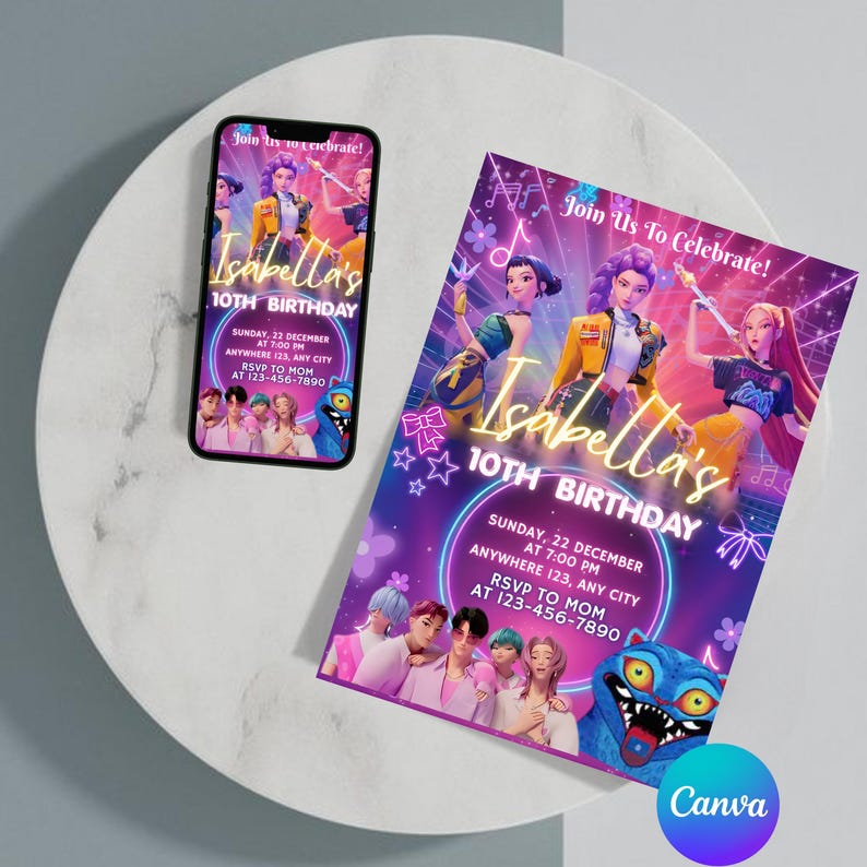 May include: A birthday invitation and a smartphone displaying the same design. The design features a vibrant purple and pink color scheme with illustrations of animated characters and the text "Isabella's 10th Birthday". The invitation includes event details.
