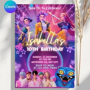 May include: A vibrant birthday invitation with a purple and pink theme. The design features animated characters, the text "Isabella's 10th Birthday", and event details. The Canva logo is in the top left corner.