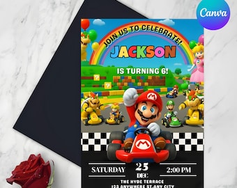Bewerkbare Super Mario-verjaardagsuitnodiging, canvassjabloon