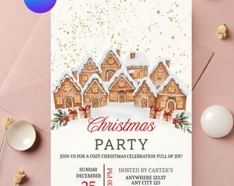 クリスマスパーティー招待状、レトロなクリスマスディナー招待状、編集可能なクリスマス招待状テンプレート、ヴィンテージホリデーパーティーカード