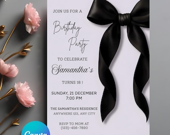 ブラックリボンの誕生日招待状テンプレート：エレガントな編集可能なパーティー招待状、印刷用と携帯電話用のフォーマットでダウンロード可能