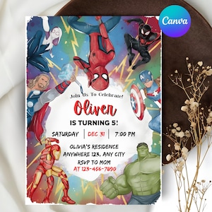 May include: A vibrant invitation card with superhero illustrations, such as Spider-Man and Captain America. The text announces a birthday celebration for Oliver, who is turning 5, with event details. The design incorporates lightning bolt motifs.