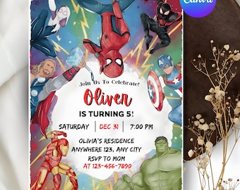 Plantilla editable de invitación de cumpleaños de superhéroes para fiesta de los Vengadores, invitación imprimible para fiesta de cumpleaños infantil de superhéroes, plantilla de Canva