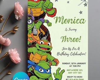 編集可能な忍者タートルの誕生日招待状 | 印刷可能な忍者招待状、タートル招待状、編集可能なCanvaテンプレート、印刷可能、即時ダウンロード