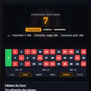May include: A digital roulette interface on a dark background featuring a countdown timer showing 7, a command line input field with the text !roulette <cible> <montant>, and a grid of numbered betting squares in red, black, and green.
