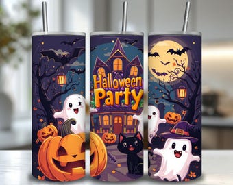 May include: Three Halloween-themed tumblers with stainless steel straws. Each tumbler features a different spooky design: a haunted house, a full moon with bats, and a smiling ghost with pumpkins. The words "Halloween Party" are displayed on one tumbler.