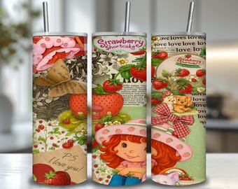 Strawberry Shortcake Tumbler Wrap PNG | Retro Cartoon Design (Digital Download)