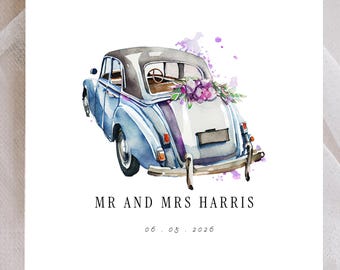 Tarjeta de boda personalizada, coche clásico azul acuarela, recuerdo con nombres y fecha personalizados