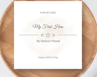 Cartão para o Dia dos Pais, Meu Primeiro Herói, Meu Amigo para Sempre, Tipografia Minimalista (15x15 cm)